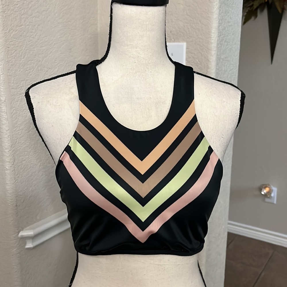 Reef black pink, green & orange padded halter swim top MED